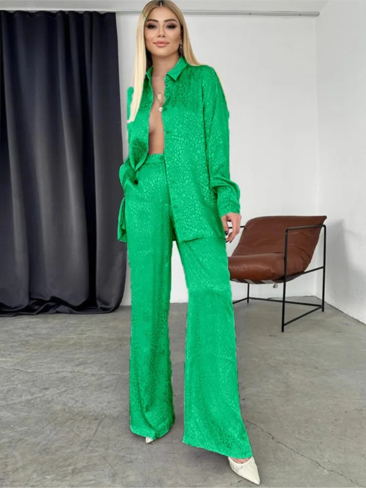 elegant set womens long sleeved shirt leopard print womens fashionable casual two-piece set autumn wide leg pants two-piece set 240930