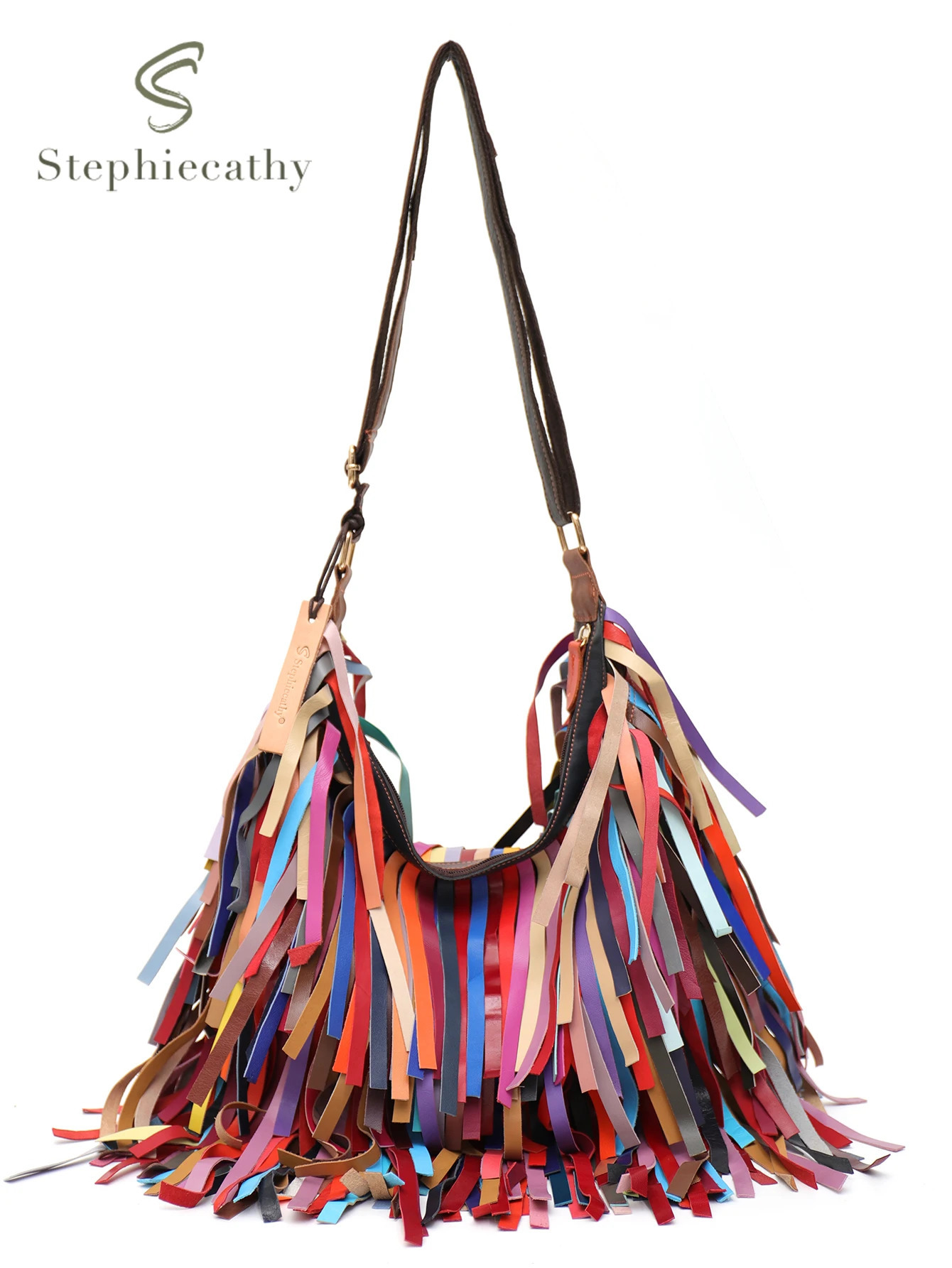 SC Colorful Real Sheepskin Shoulder Bags For Women Large Casual Slouchy Hobo Handbags Patchwork Leather Tassel Cross Body Purses 241008