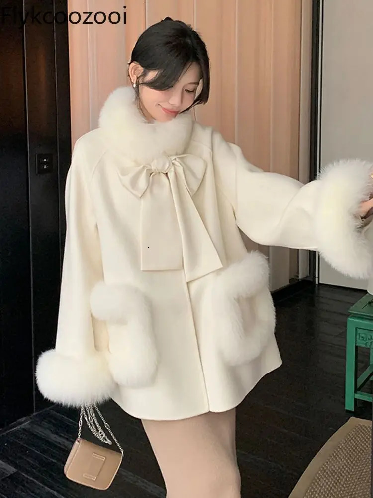 Bow Winter Fluffy Coat Fox Fur Collar Fur Coat Womens Loose Coat 241011
