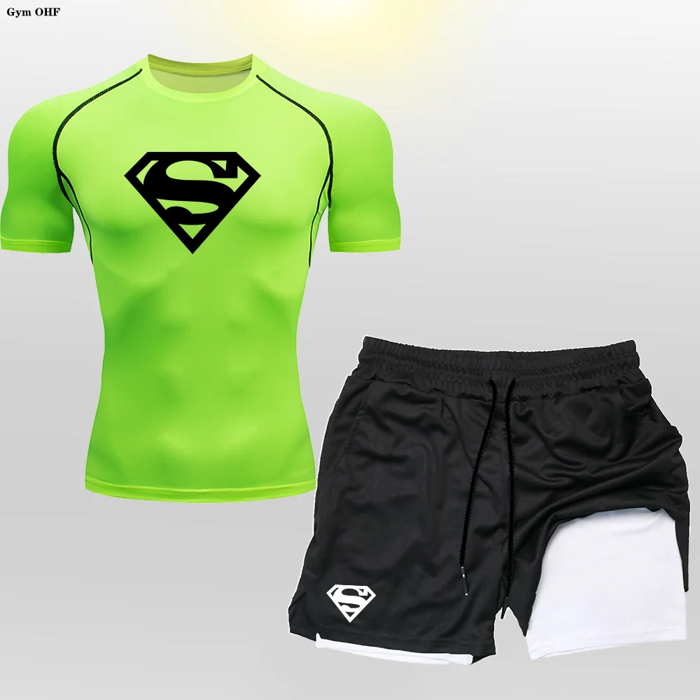 Super/Hero Men's Compression Shirts 2 in 1 Shorts Set Man Sportswear Fitness Gym Workout Rash Guard Kits Quick Dry Shirt