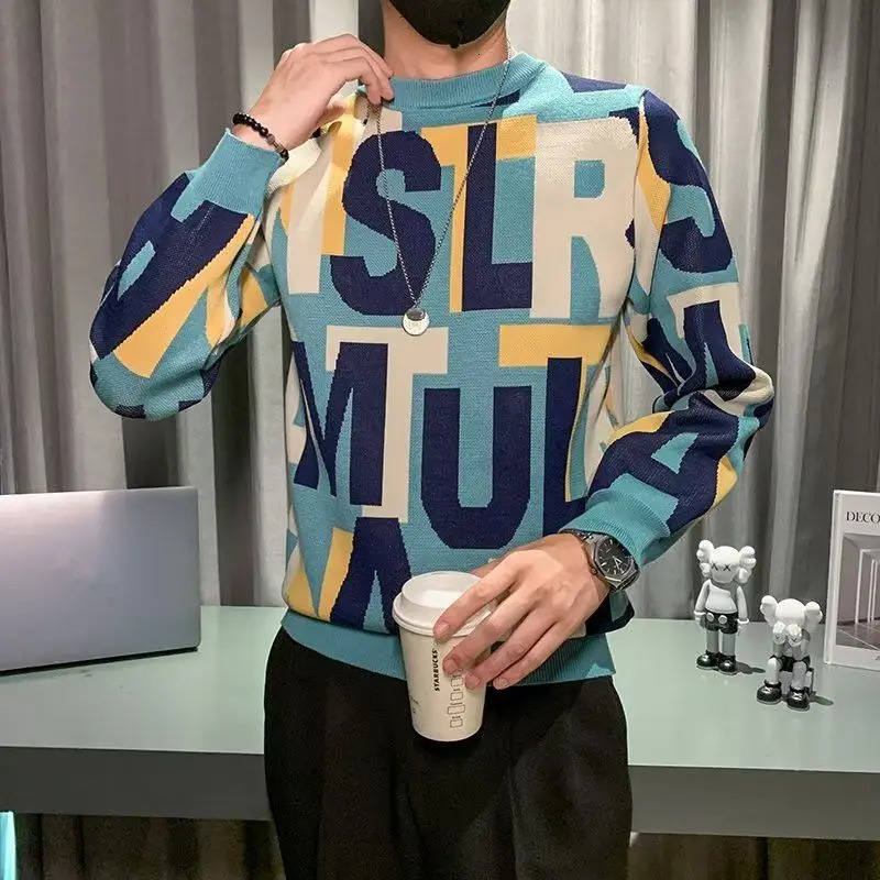 Mens round neck floral lantern long sleeved contrasting color letter sweater knitted casual autumn retro top 241007
