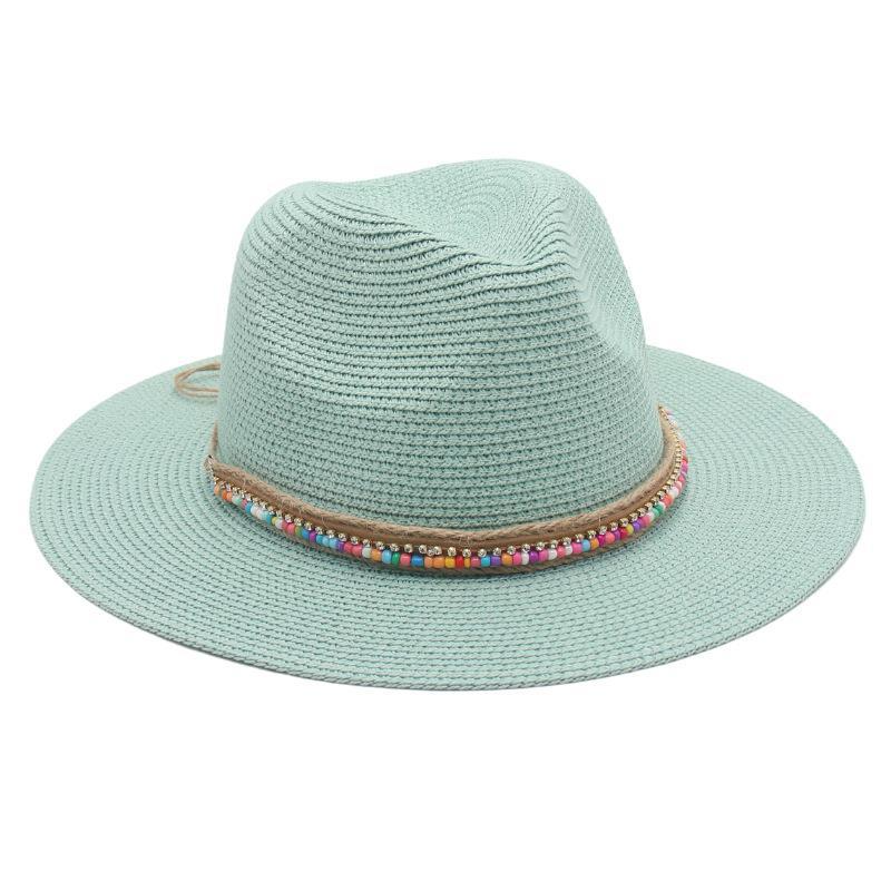 Ethnic Style Summer Panama Straw Hat with Rainbow Beads for Dance Performances & Beach Wear