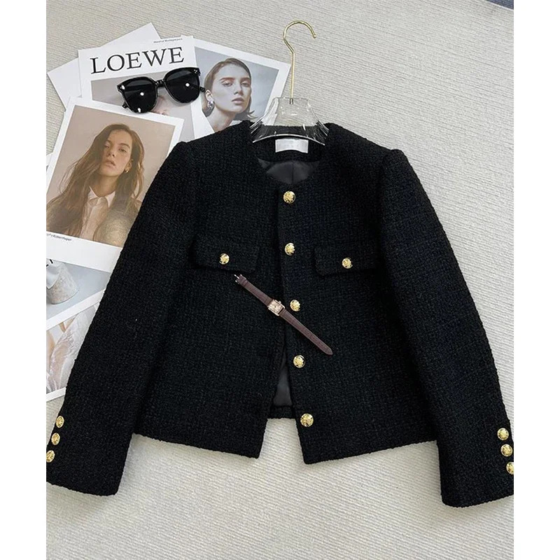 Black Tweed Womens Jacket Retro Metal Buckle Short Coat Womens Elegant Single Chest 240930