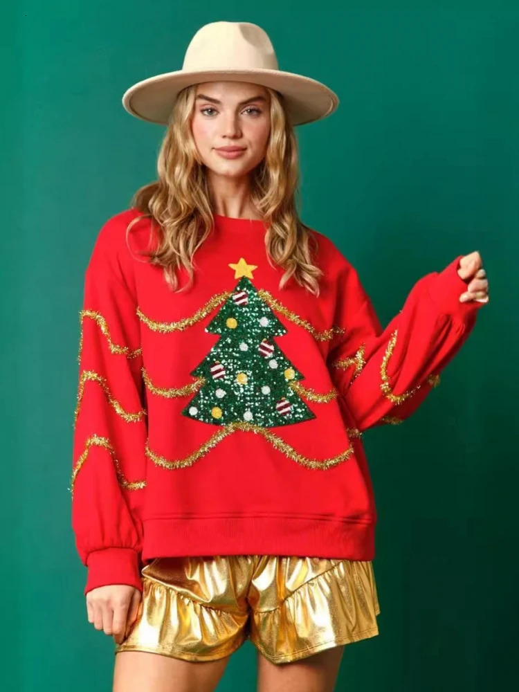 Glitter Patchwork Hoodies Vintage Tshirt Harajuku Slim Long Sleeve Streetwear Women Clothes Christmas Tee Top Autumn Winter 241011