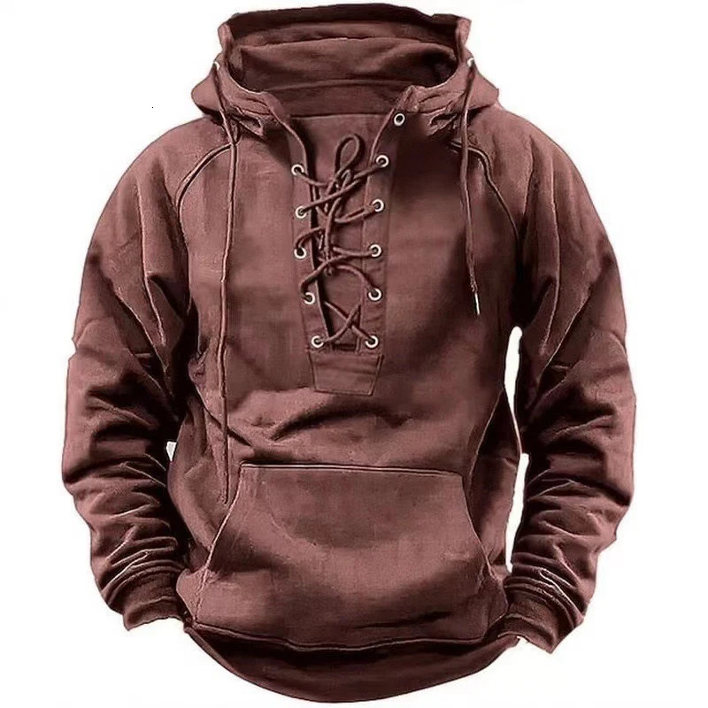 Autumn Fashion Mens Hooded Sweatshirts Laceup Drawstring Long Sleeve Loose Hoodies Men Streetwear Vintage Solid Color 241011