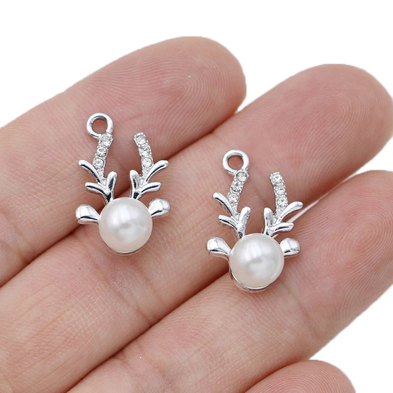 5Pcs Silver Plated Crystal Pearl Christmas Deer Charm Pendant for Jewelry Making Earrings Necklace DIY Accessories Craft 22x14mm 241010