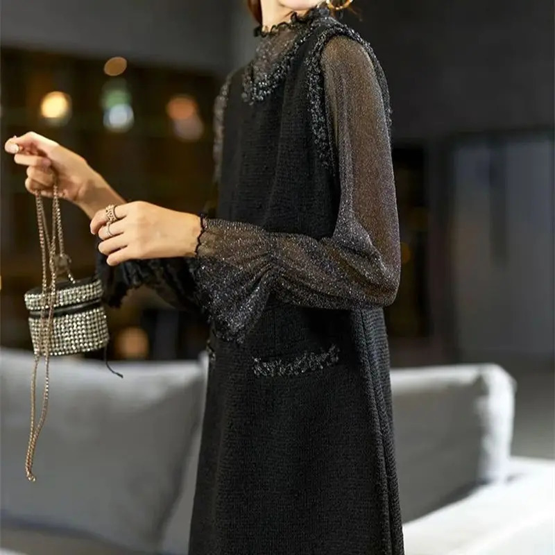 Autumn bright silk decal womens coarse tweed dress with pleated long sleeves elegant office ladies A-Line party Vestido 304P 241011