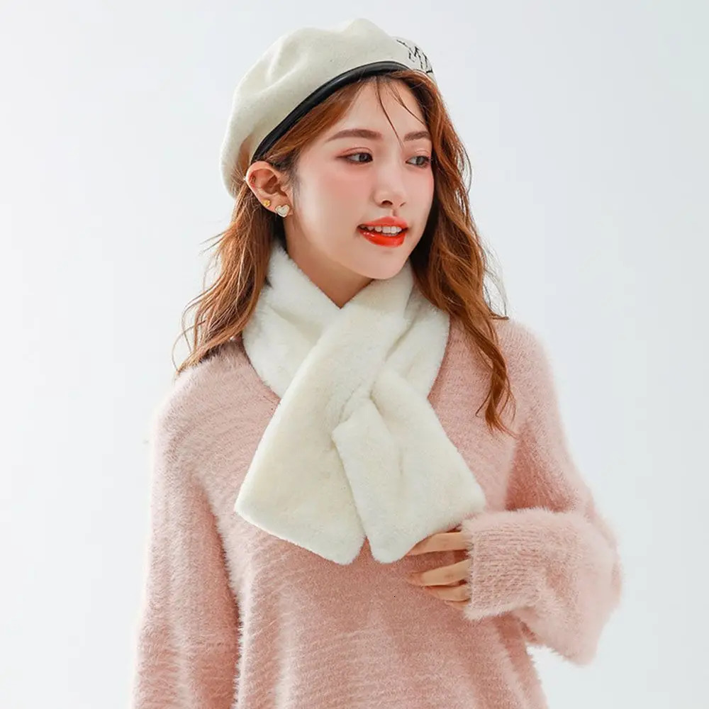 Women Winter Warm Thicken Cross Collar Scarf Solid Color Faux Rabbit Fur Plush Elegant Shawl Scarfs 241009
