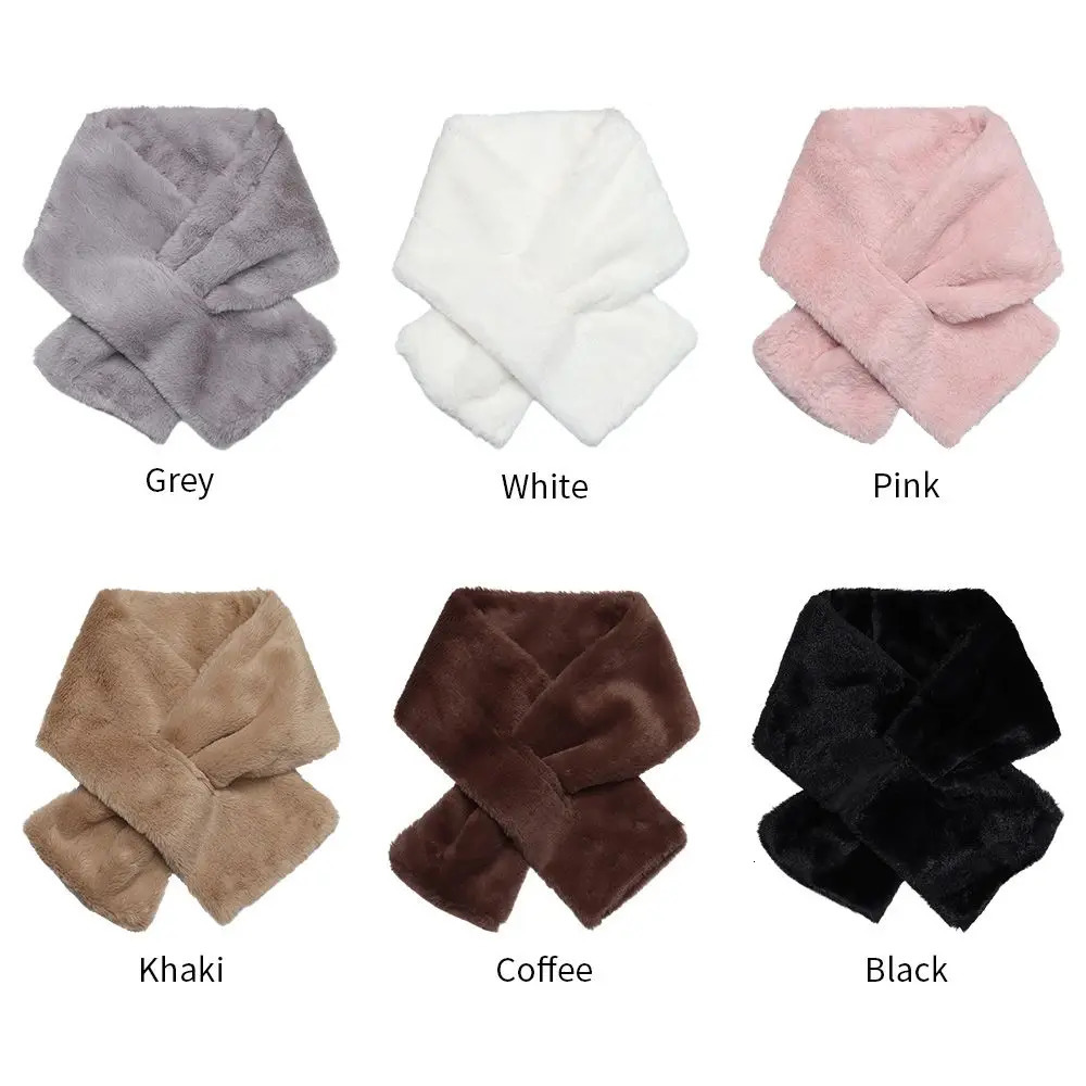 Women Winter Warm Thicken Cross Collar Scarf Solid Color Faux Rabbit Fur Plush Elegant Shawl Scarfs 241009