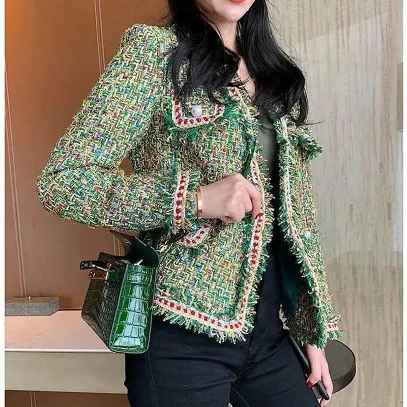 Autumn Winter Heavy Industry Tweed Jacket Women Overcoat Fashion Weave Slim Casual Woolen Casaco Female Short Tops 241011