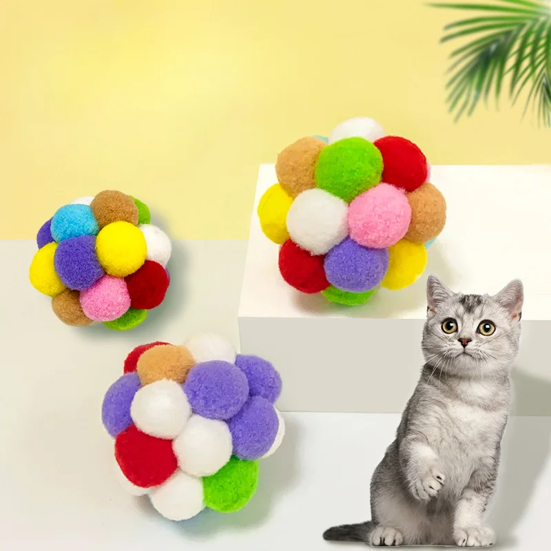 Cat Toy Colourful Plush Ball Interactive Pet Elastic Bell Self Hi Ball Playing Kitten Seven Colors Woolen Ball Cat Accessories