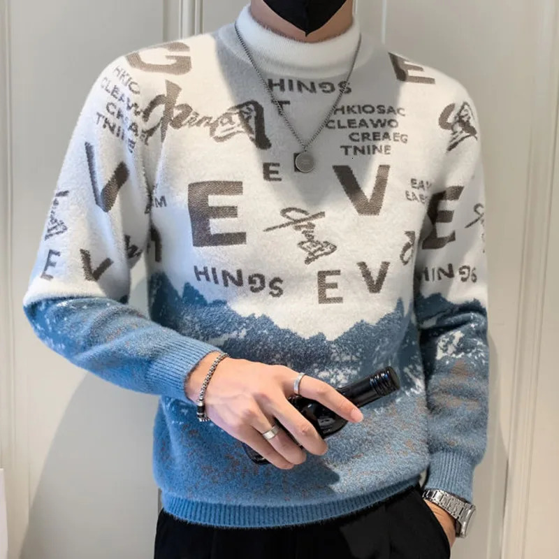 Half high neck ultra-thin crystal mink knitted sweater mens fashionable letter printed sweater at the bottom mens pullover sweater 241007