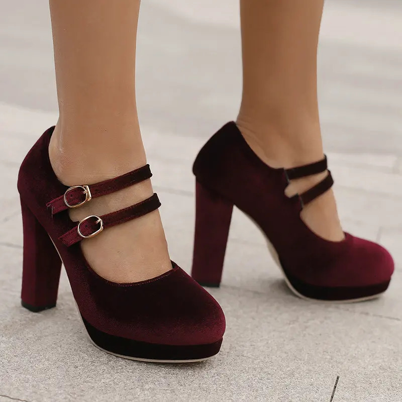Velour Velvet Round Toe Green Burgundy Color Double Buckle Belt Block High Heels Women Pumps Platform Retro Lady Mary Janes Shoe 241010