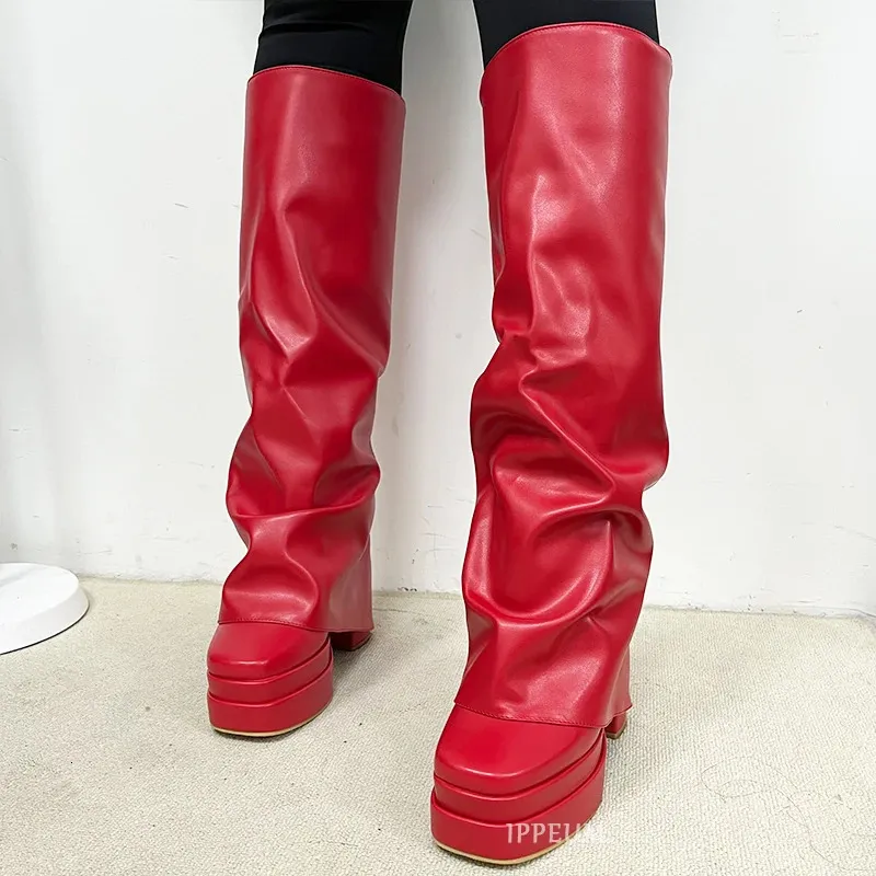 IPPEUM Fold Ankle boots Over Boots Women Orange Pink Block Heel Knee High Plus Size 43 Platform Shoes y2k botas plataforma mujer 240611 241118