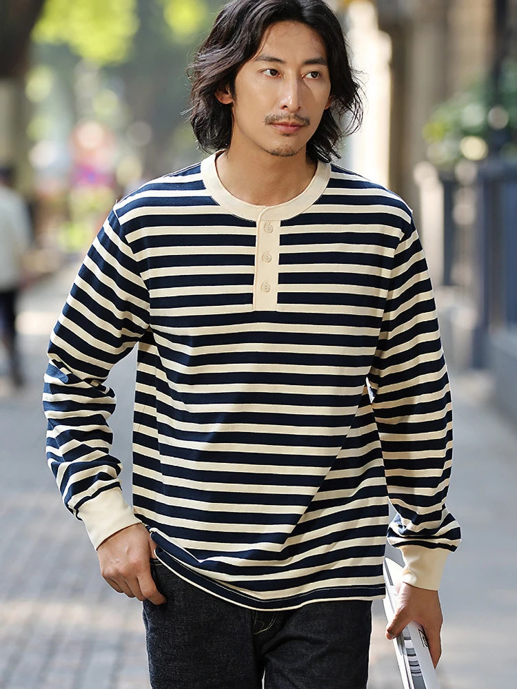 Vintage Sailors Striped Henley Shirts for Men Spring Autumn Long Sleeve 280GSM 100 Heavy Cotton Tshirt Male Tees Tops 241011