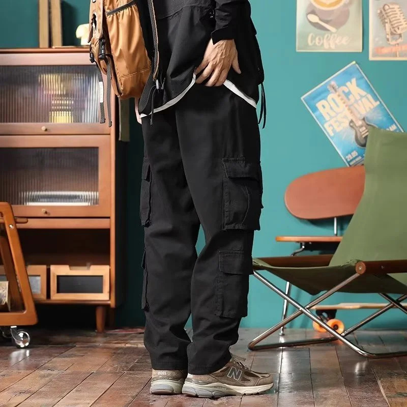 American retro luggage cargo pants mens outdoor sports military tactical sports pants Y2K straight multi pocket set Trouser 241007