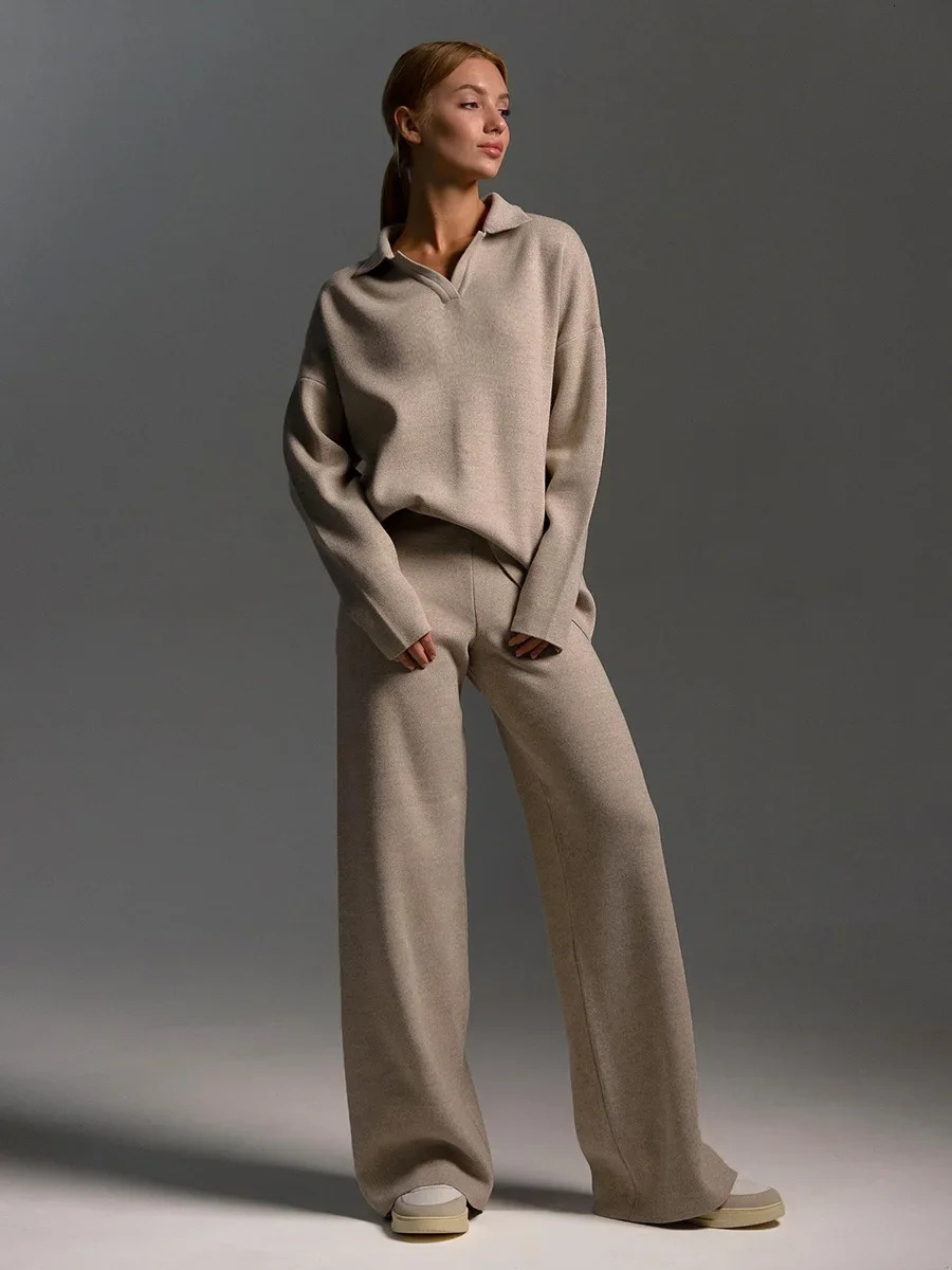 Bornladies Winter Thick Women Knitted Suits Cashmere Soft 2 Pieces Sets Female Polo Neck Sweater Wide Leg Pants Outfit 241011