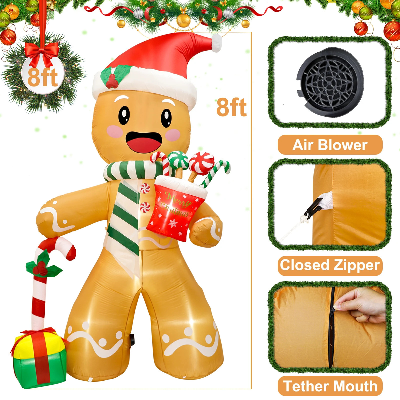 8FT Christmas Inflatables Outdoor Decorations Gingerbread Man Cute Xmas Blow Up Yard Decorations with 8 LED Lights for Decor 241007