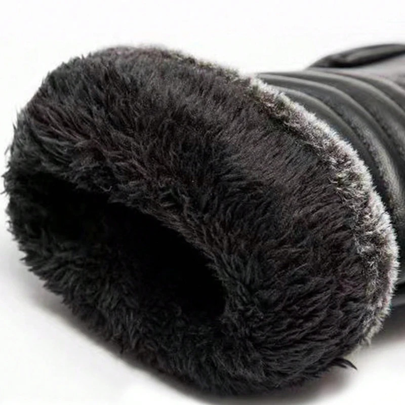 Mens comfortable wool lined PU leather gloves with waterproof touch screen compatible winter cycling and motorcycle riding holiday gifts 241009