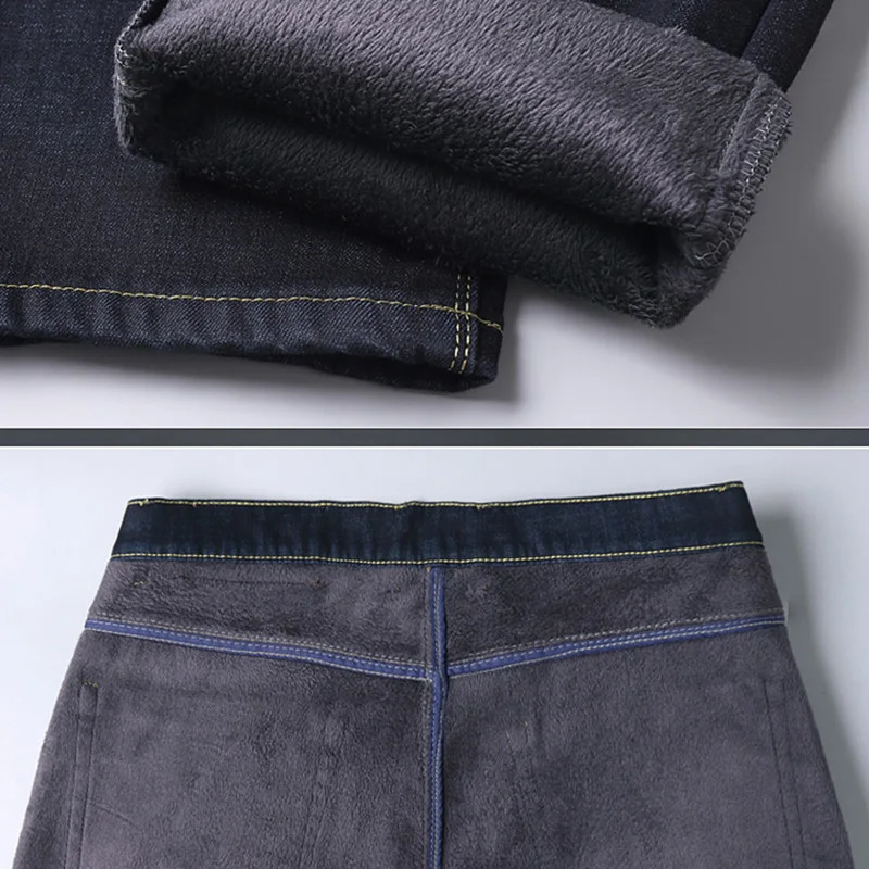 2024 High Quality Winter Mens Warm Slim Jeans Thickened Stretch Straight Black Blue Business Casual Fashion Trousers 241011