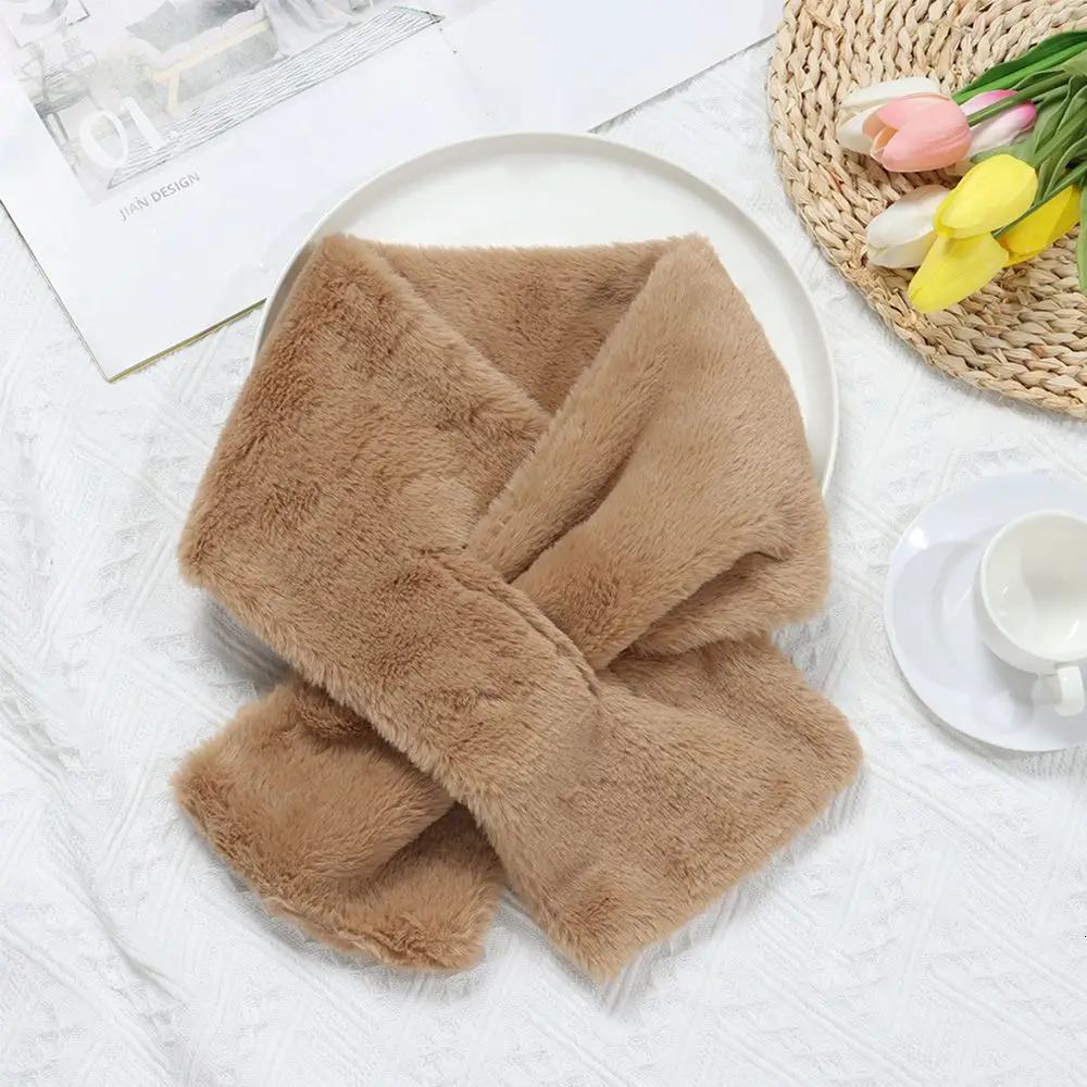 Women Winter Warm Thicken Cross Collar Scarf Solid Color Faux Rabbit Fur Plush Elegant Shawl Scarfs 241009