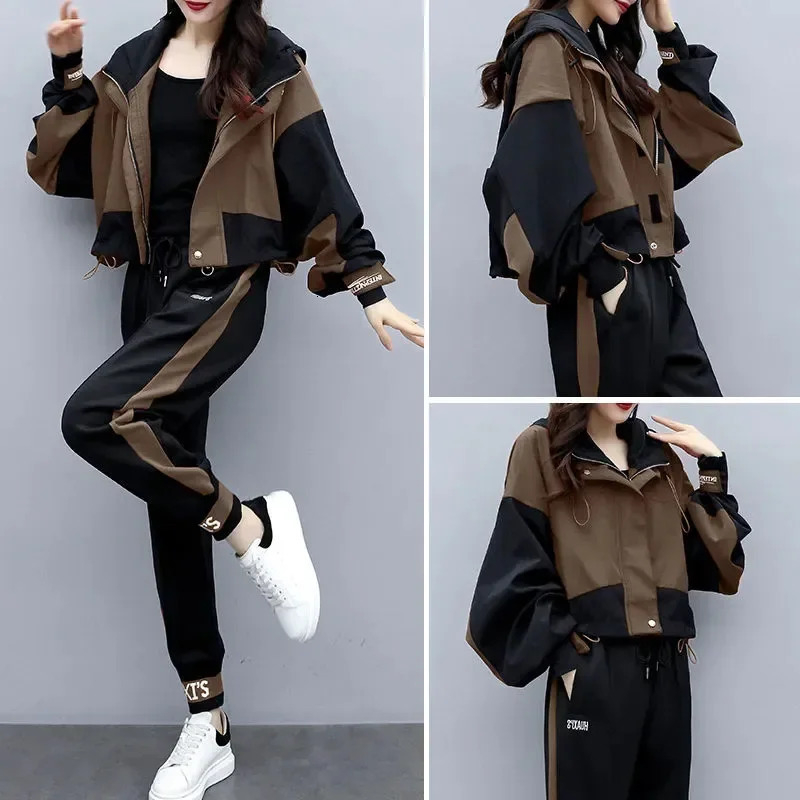 Womens track and field outfit Korean elegant hoodie zipper jacket sports pants twopiece set springsummer matching 241007