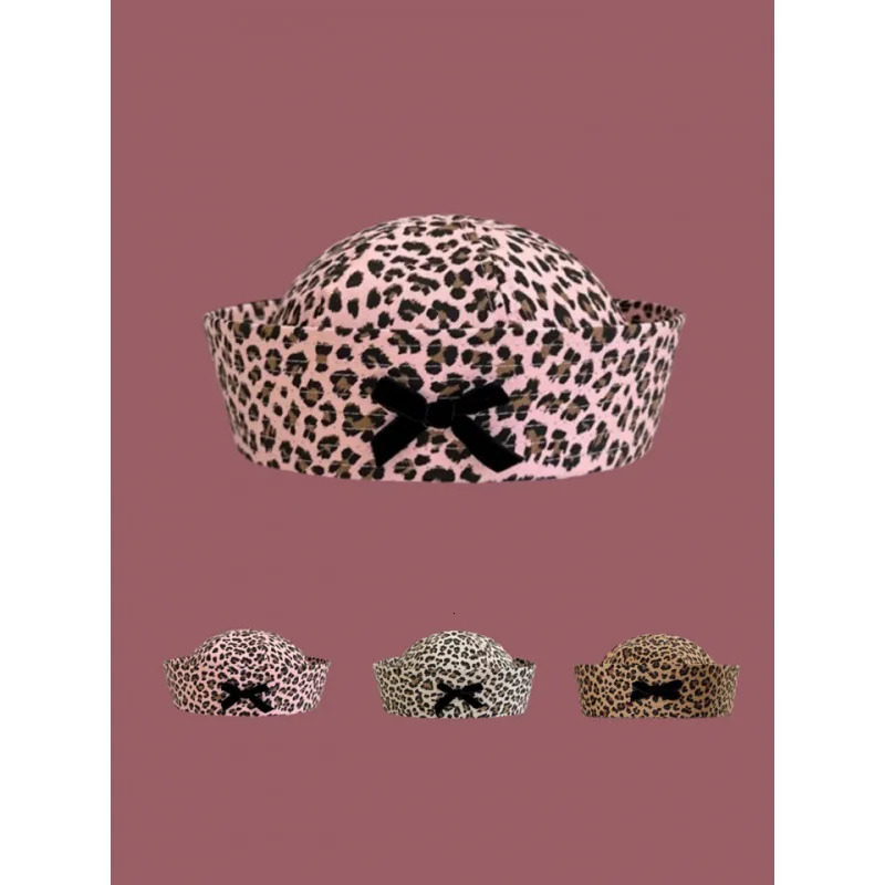 2024 Bow Leopard Print Sailor Hat Women Retro Spicy Girl Flip Brim Beret Sweet And Cute face Revealing Small Hat 241009