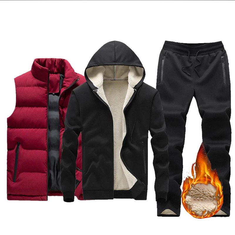 Fleece Men Set Fashion Tracksuit Lined Thick Hooded Sweatshirt Pants Sportswear 3Pcs Sets Male Winter Warm Outerwear 241011