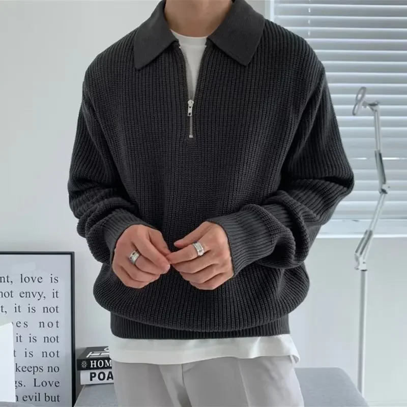 Mens retro loose half zipper long sleeved knitted polo shirt high-end lapel sweater jacket casual scene 241011