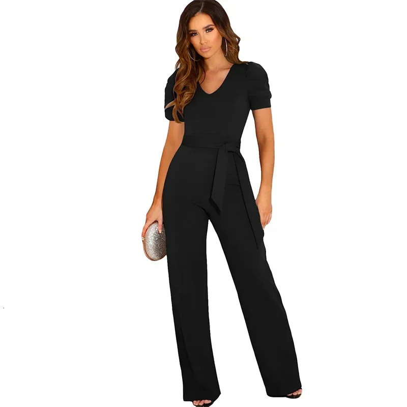 2024 Summer Style Strap Waist Wrapped jumpsuit Womens Solid Color Vneck Short Sleeve Wide Leg Long Pants 240930