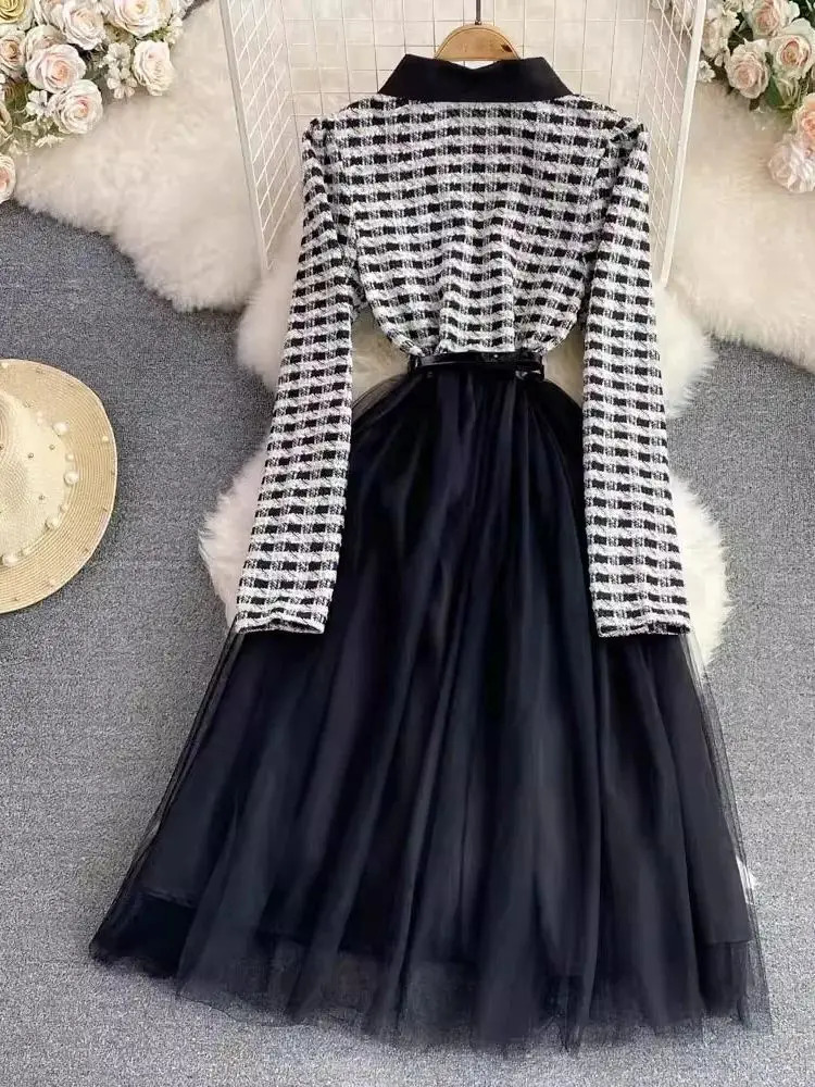 autumn small perfume lapel plain tweed patchwork mesh long skirt womens petal button belt evening party vest 241011