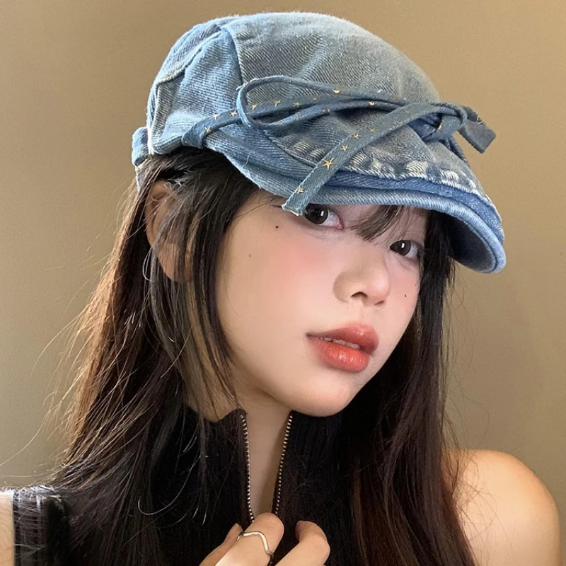 Original Bow Strap Berets Caps for Women Spring and Summer Travel Ins Versatile Sunscreen Retro Denim Forward Hats 241009