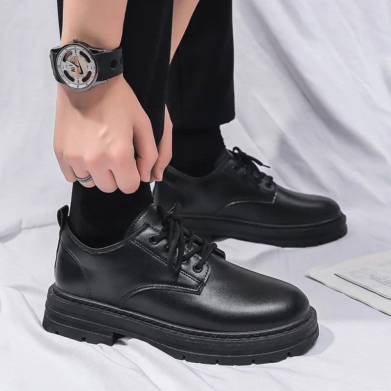 Mens formal shoes casual business leather shoes British style student thick soled lace round toe non slip comfortable outdoor shoes 241007