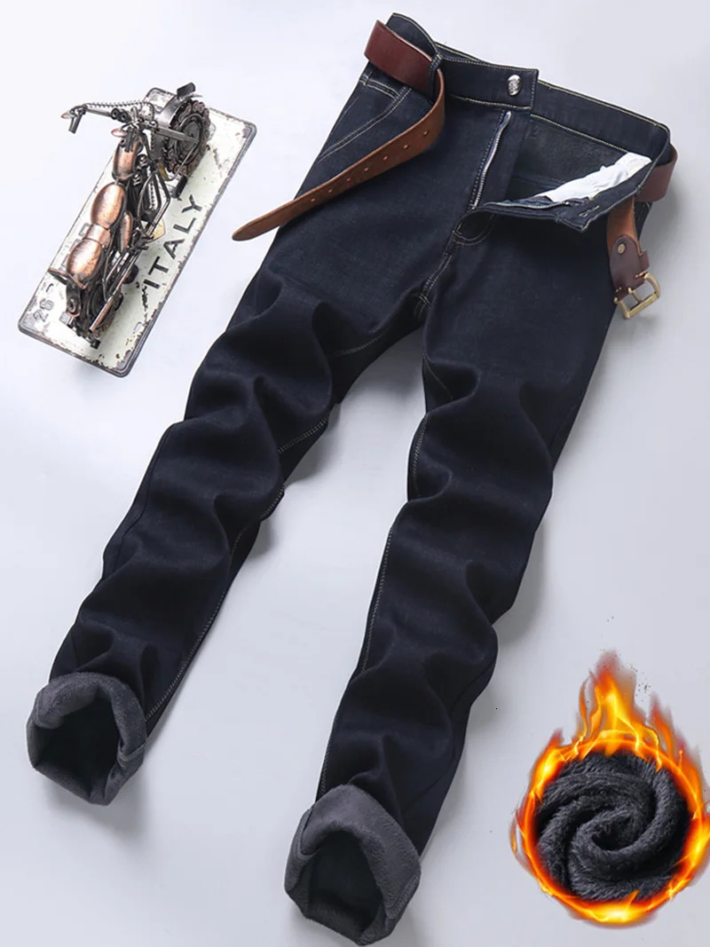 2024 High Quality Winter Mens Warm Slim Jeans Thickened Stretch Straight Black Blue Business Casual Fashion Trousers 241011
