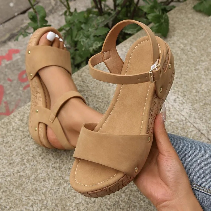 Womens Sandals Platform Wedge Summer Ladies Shoes Buckle Strap Heeled Sandal Rivet Footwear 241010