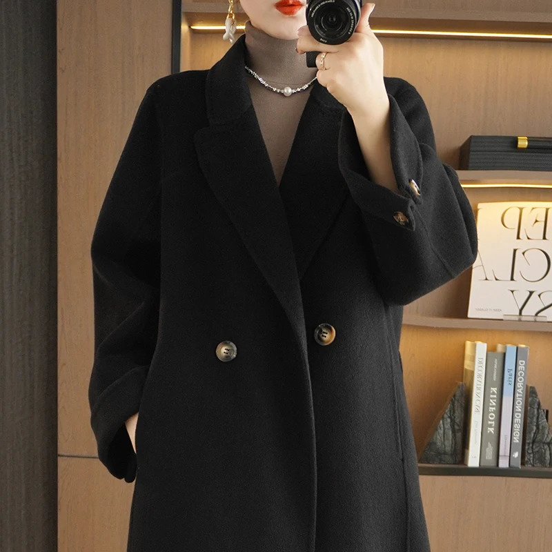 Autumn Wnd Winter Solid Color DoubleSided Wool Coat Womens HighEnd Sense Long Lapel Loose Temperament Woolen 240930