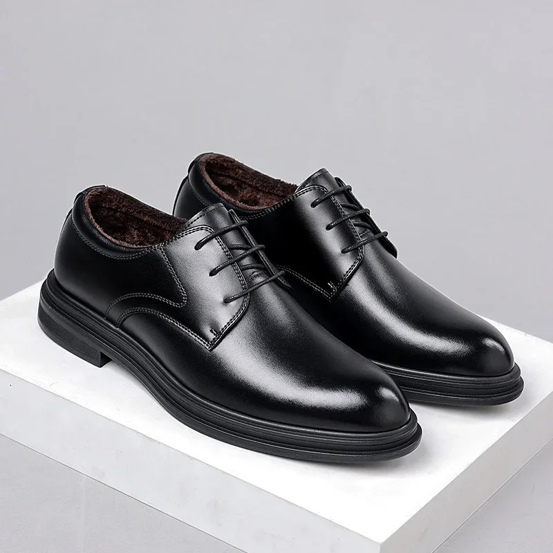 Winter mens shoes elevator shoes warm fur casual classic business high leather shoes 8CM 6CM Moccasins taller mens shoes 241007