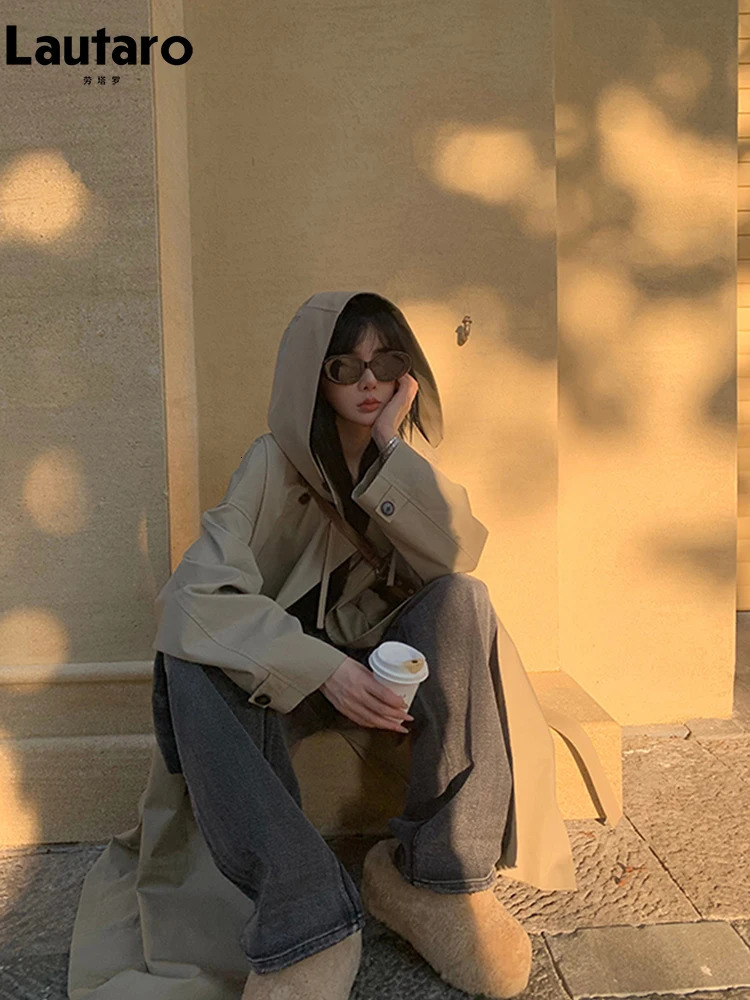 Lautaro Spring Autumn Long Oversized Light Khaki Trench Coat for Women with Hood Double Breasted Loose Casual Overcoat 2024 241008