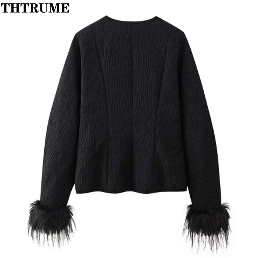 2024 Autumn Jackets Fashion Women Solid Spliced Feather Cuffs Lace Up ONeck Coats Casual Long Sleeve Elegant Chic Coat 241011