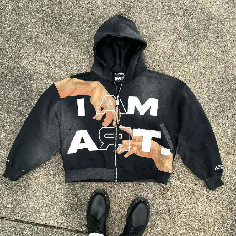 American fashion Xin Palm printing super large hooded sweatshirt mens Y2k street retro casual loose zipper womens 241009