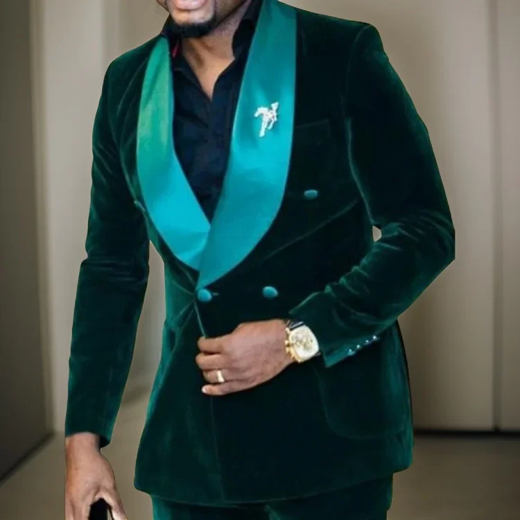 Wedding Suits For Men Double Breasted Slim Fit Groom Tuxedo Shawl Lapel Fashion Dark Green Velvet Suit Smoking Jacket Pants 2024
