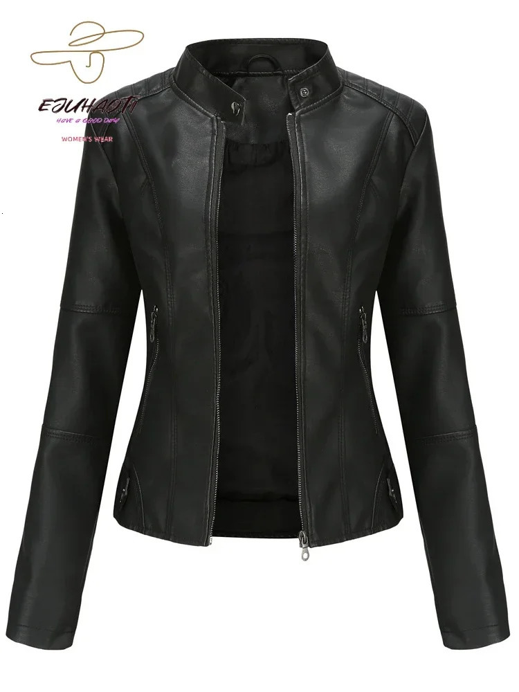Womens leather jacket for spring and autumn ultra-thin stand up collar solid synthetic motorcycle suit oversized Pu womens outerwear top 241011