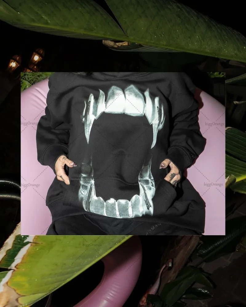 European and American Punk Goth Pattern Printed Hoodie Y2K Harajuku Retro Streetwear Mens Hiphop Trend Casual Loose Pullover 241010