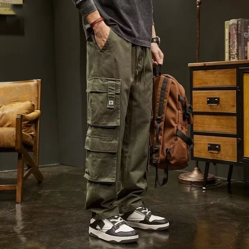 American retro luggage cargo pants mens outdoor sports military tactical sports pants Y2K straight multi pocket set Trouser 241007