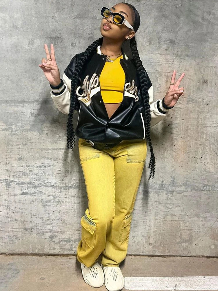 Sifreyr PU Leather Bomber Jacket Women Y2K Letter Long Sleeve Uniform Varsity Baseball Jackets Streetwear Oversized College Coat 241011