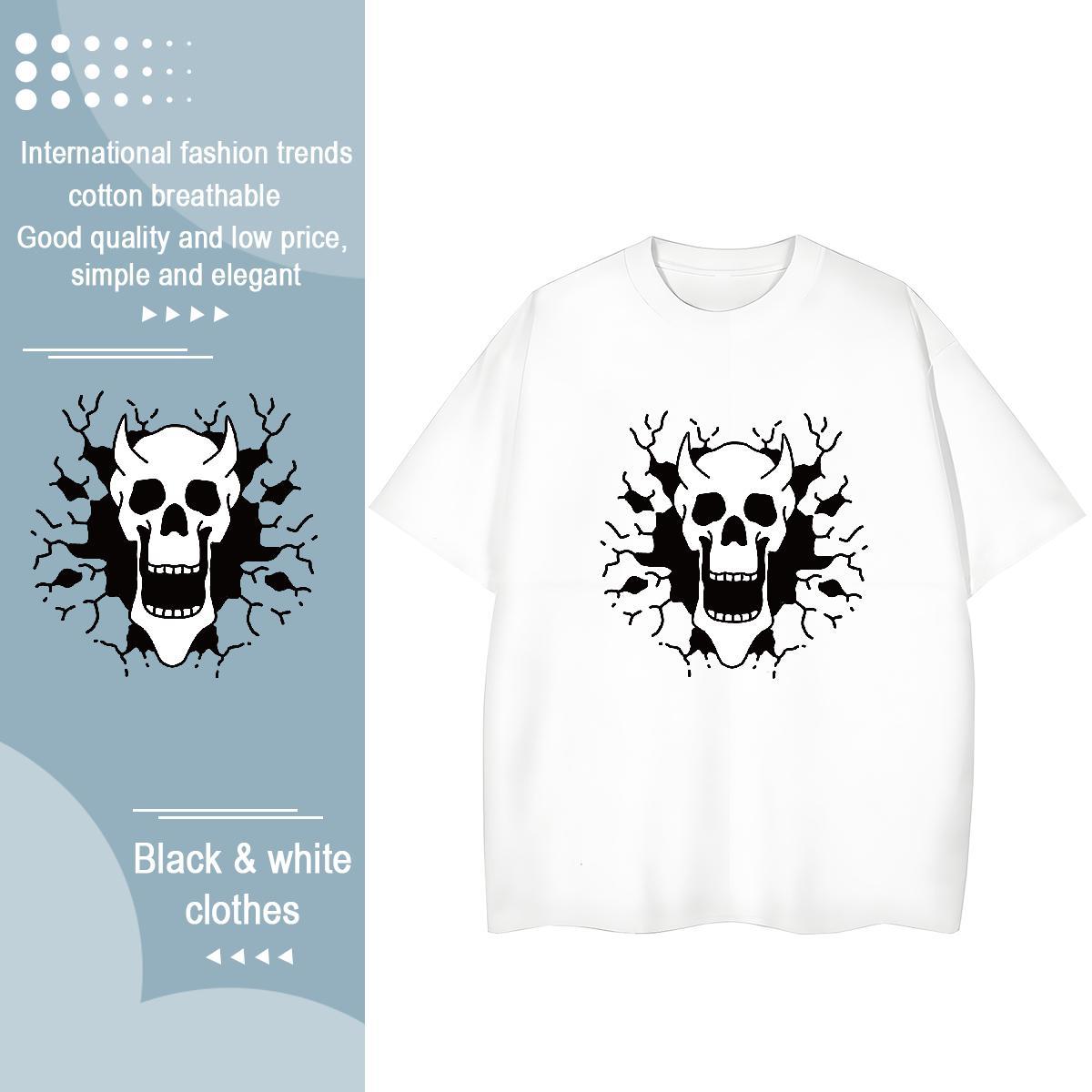 2024 Casual T-Shirts 100% Cotton 230g Crew Neck Beach skull Women Tees Popular Black Oversized Clothings
