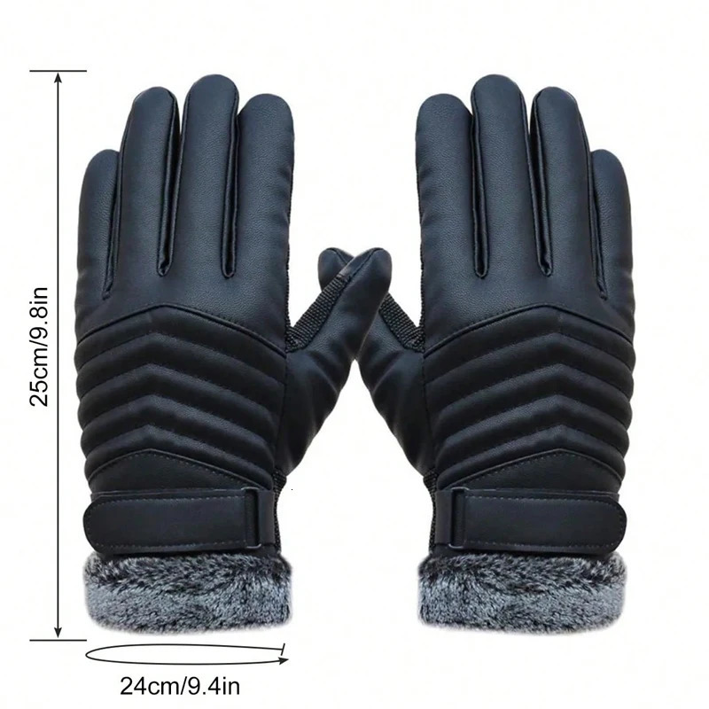 Mens comfortable wool lined PU leather gloves with waterproof touch screen compatible winter cycling and motorcycle riding holiday gifts 241009