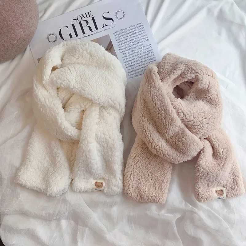Cute Winter Womens Plush Scarf Soft Punched Scarf Solid Color Collar Cartoon Bear Girl Collar Warm Something 241007