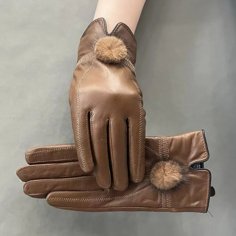 Womens genuine leather gloves real mink fur fluffy sheepskin 241009