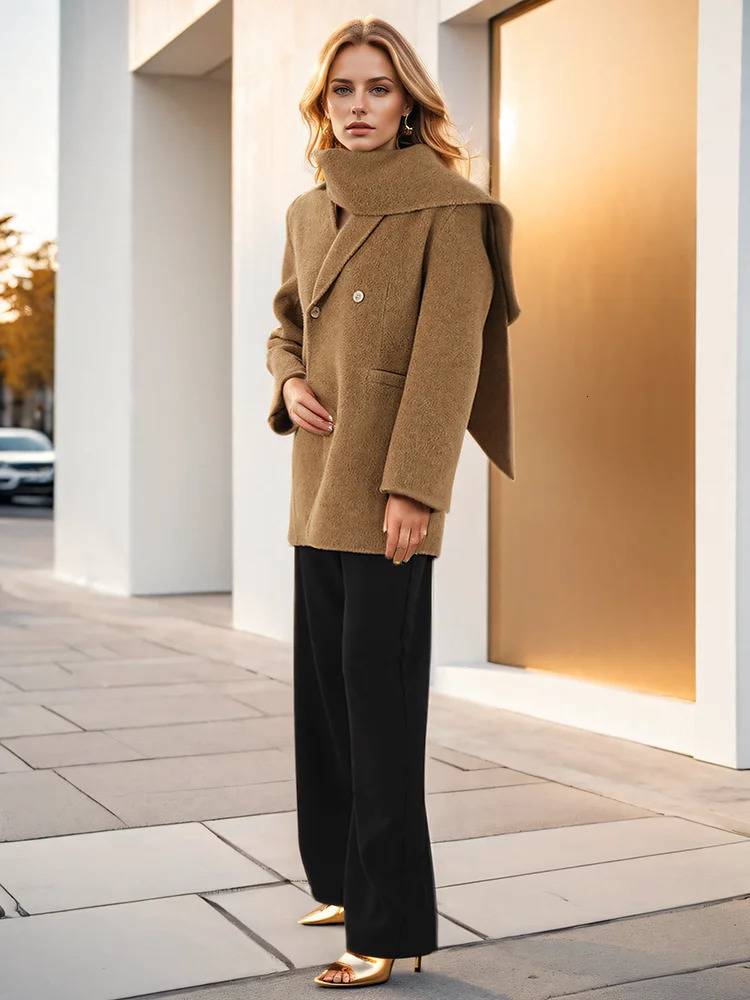 DEAT Fashion Womens Wool Coat Scarf Collar Double Chest Pockets Thick Loose Warm Jacket Autumn Trendy CPDB258 241011